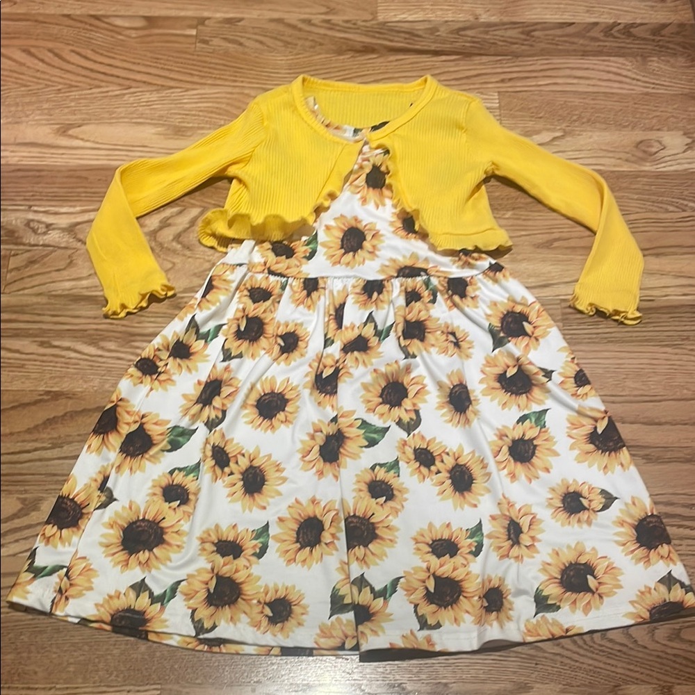 Sunflower Print Kids Dress with Yellow Cardigan